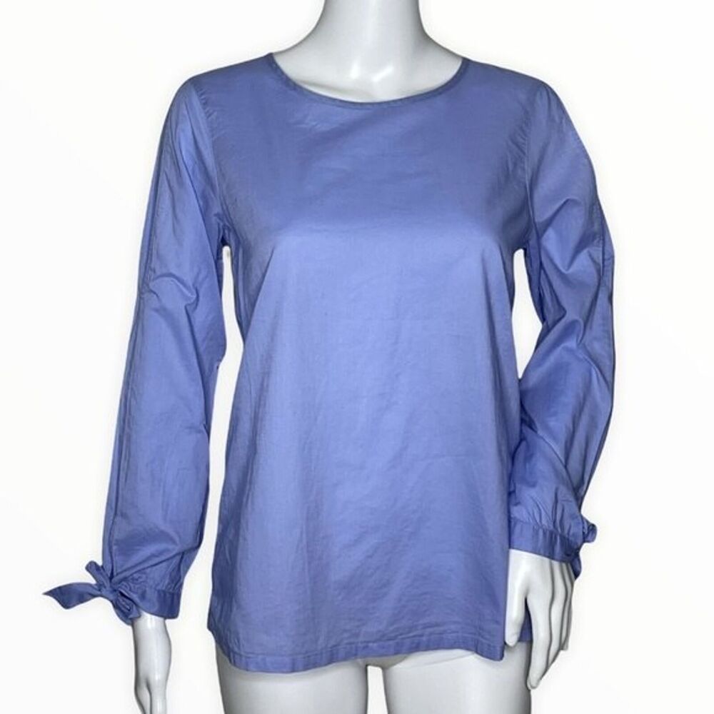 J. Crew Shirt Womens XS Blue Bow Sleeve Peek A Boo Blouse Preppy Office Casual